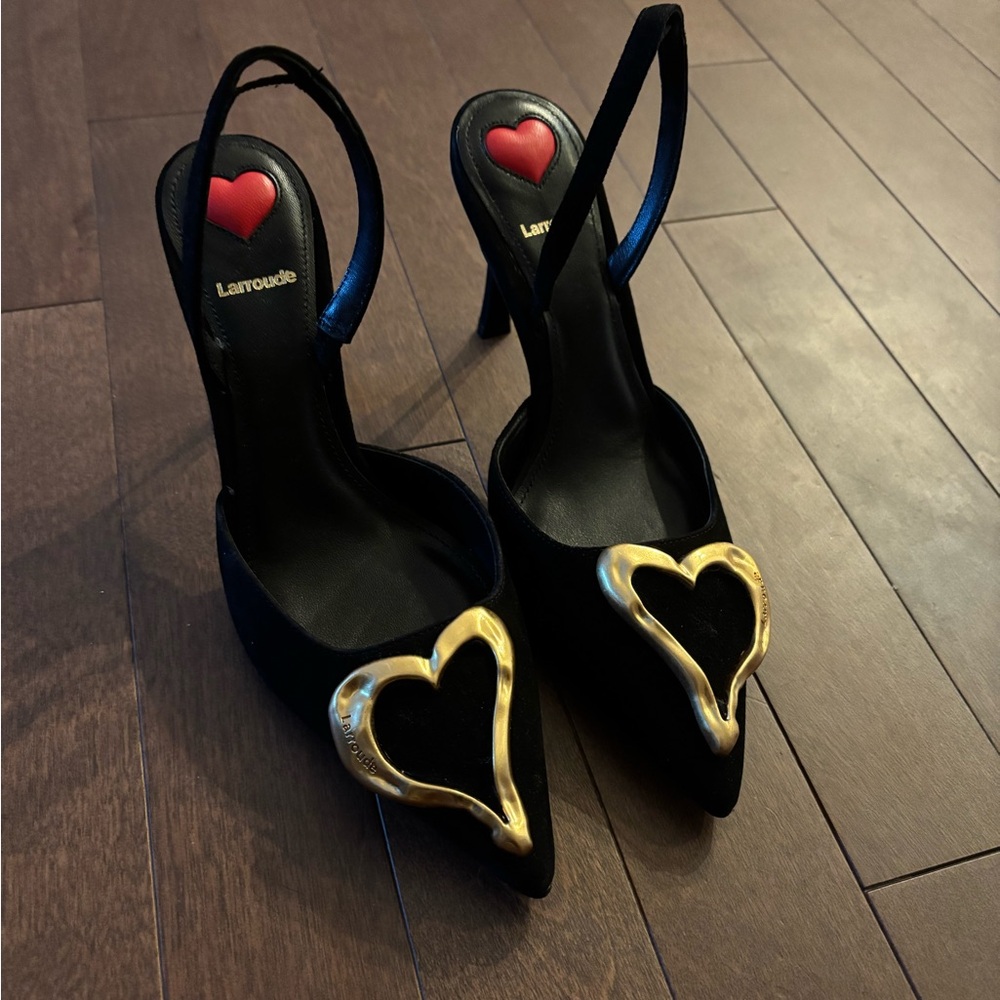 Larroude Black and Gold Heart Slingback Heels
